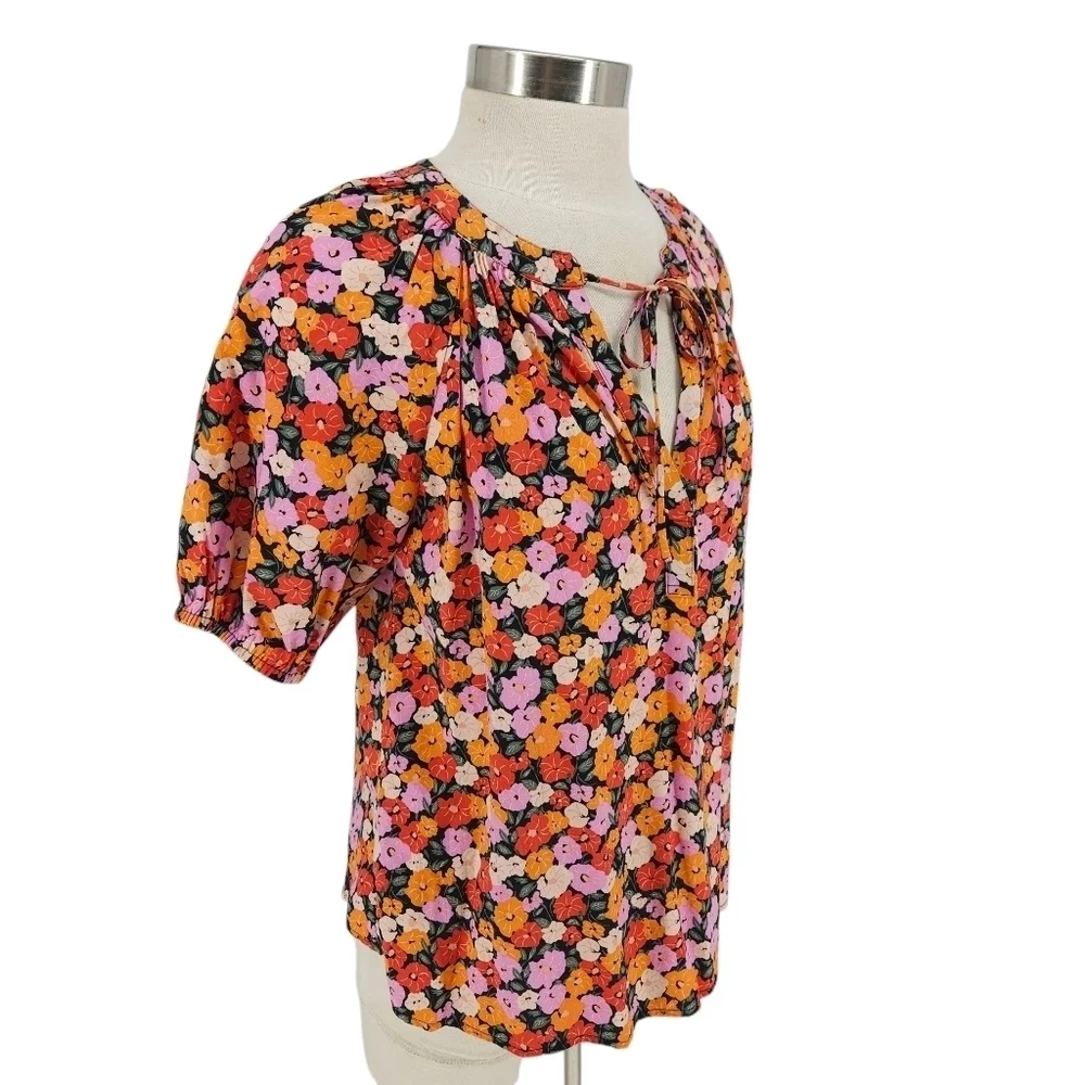 Ann Taylor LOFT Shirt Floral Puff Short Sleeve Tie V Neck Peasant Top Small